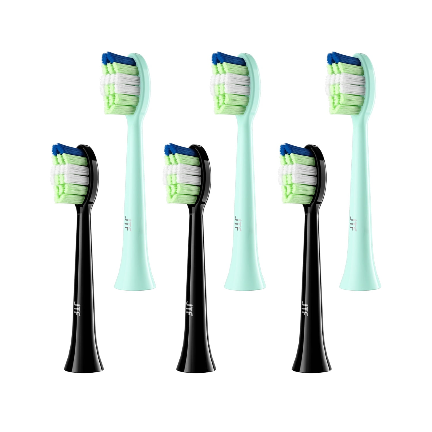 JTF P200 Sonic Smart Toothbrush Genuine Standard Brush Heads, 3 Black & 3 Green