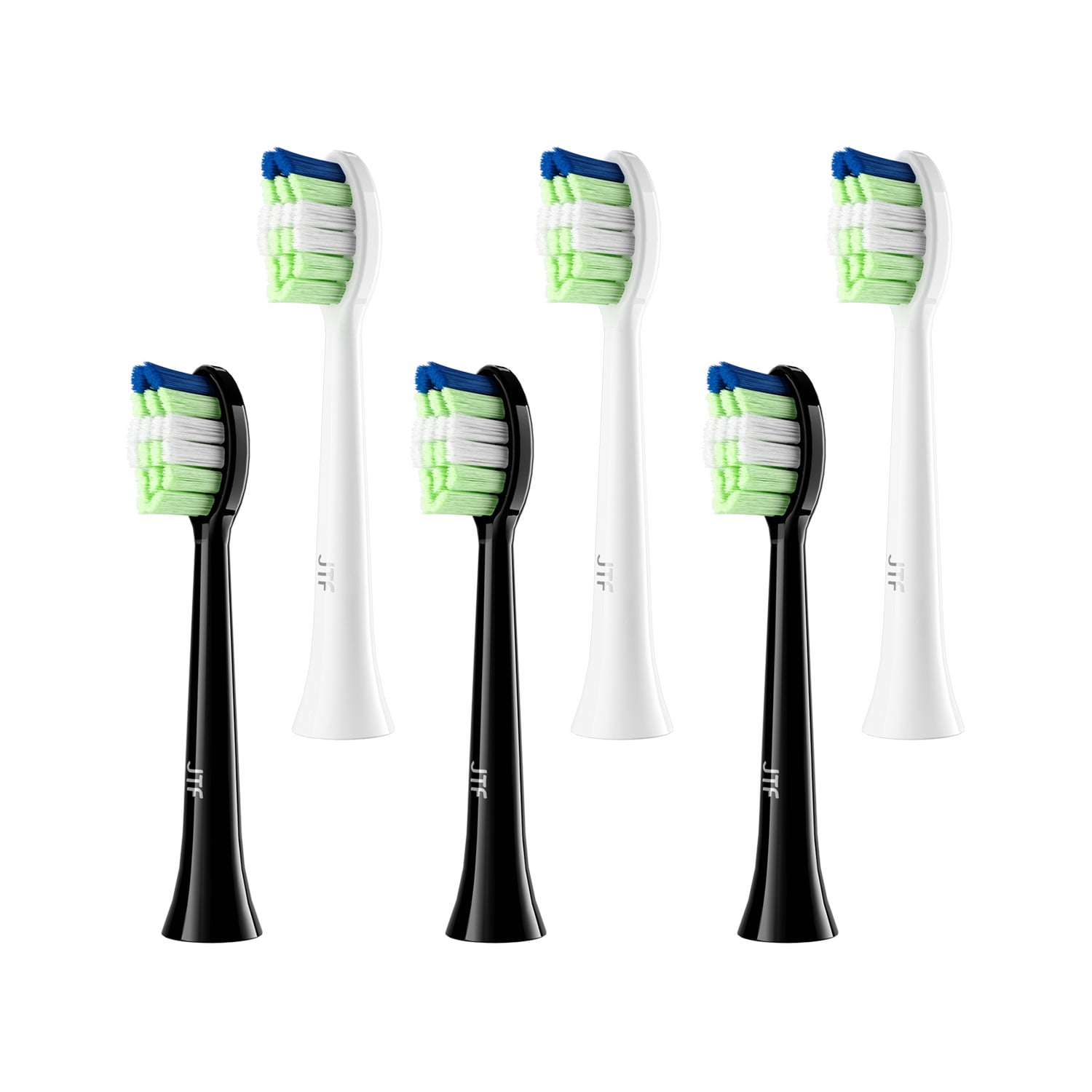JTF P200 Sonic Smart Toothbrush Genuine Standard Brush Heads, 3 Black & 3 White