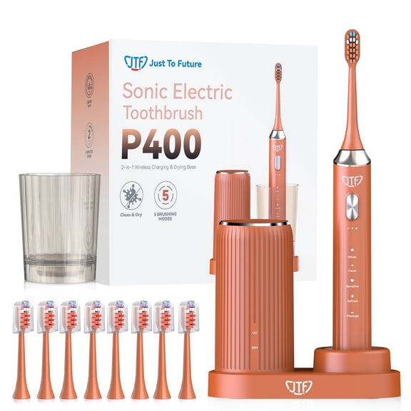 JTF Sonic Electric Toothbrush with UV & Drying: 5 Customized Modes for Effective Yet Gentle Cleaning –with 8 Brush Heads, Rinse Cup, Wireless Charging Base, Rechargeable for Daily Care, Home & Travel