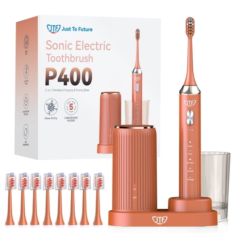 JTF Sonic Electric Toothbrush with UV & Drying: 5 Customized Modes for Effective Yet Gentle Cleaning –with 8 Brush Heads, Rinse Cup, Wireless Charging Base, Rechargeable for Daily Care, Home & Travel