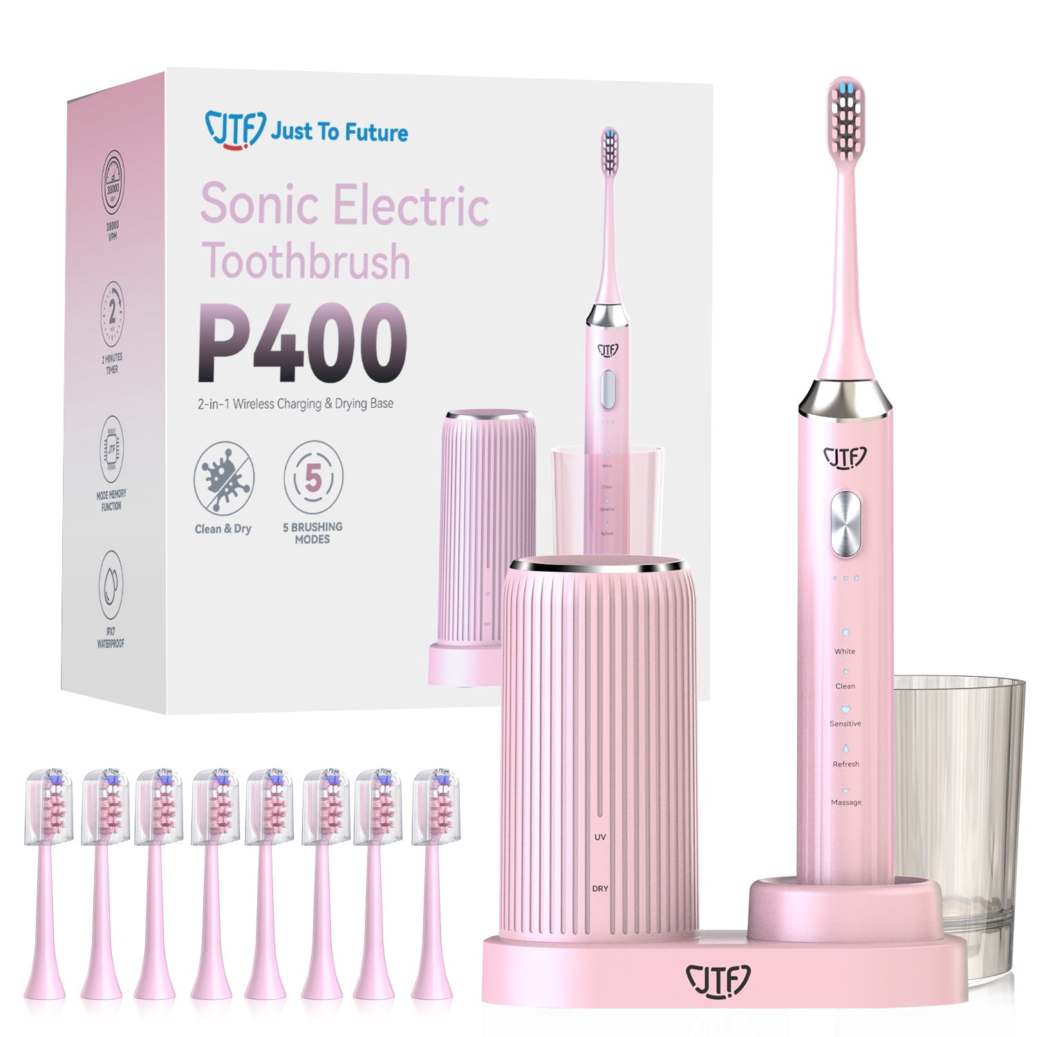 JTF Sonic Electric Toothbrush with UV & Drying: 5 Customized Modes for Effective Yet Gentle Cleaning –with 8 Brush Heads, Rinse Cup, Wireless Charging Base, Rechargeable for Daily Care, Home & Travel