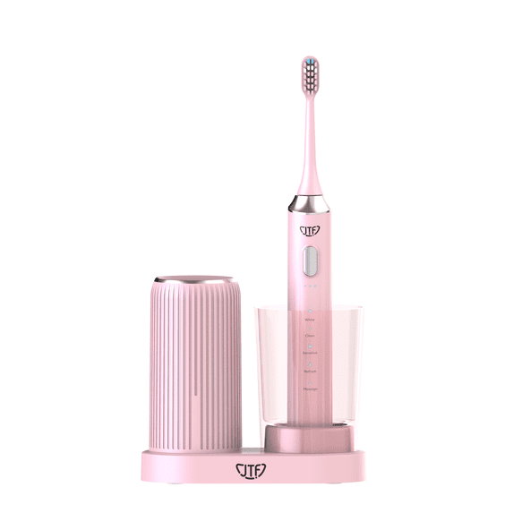 JTF Sonic Electric Toothbrush Set with Drying & UV Sanitizing Wireless Charging Base, 8 Brush Heads, Transparent Rinse Cup, 5 Modes Smart Timer, Pink
