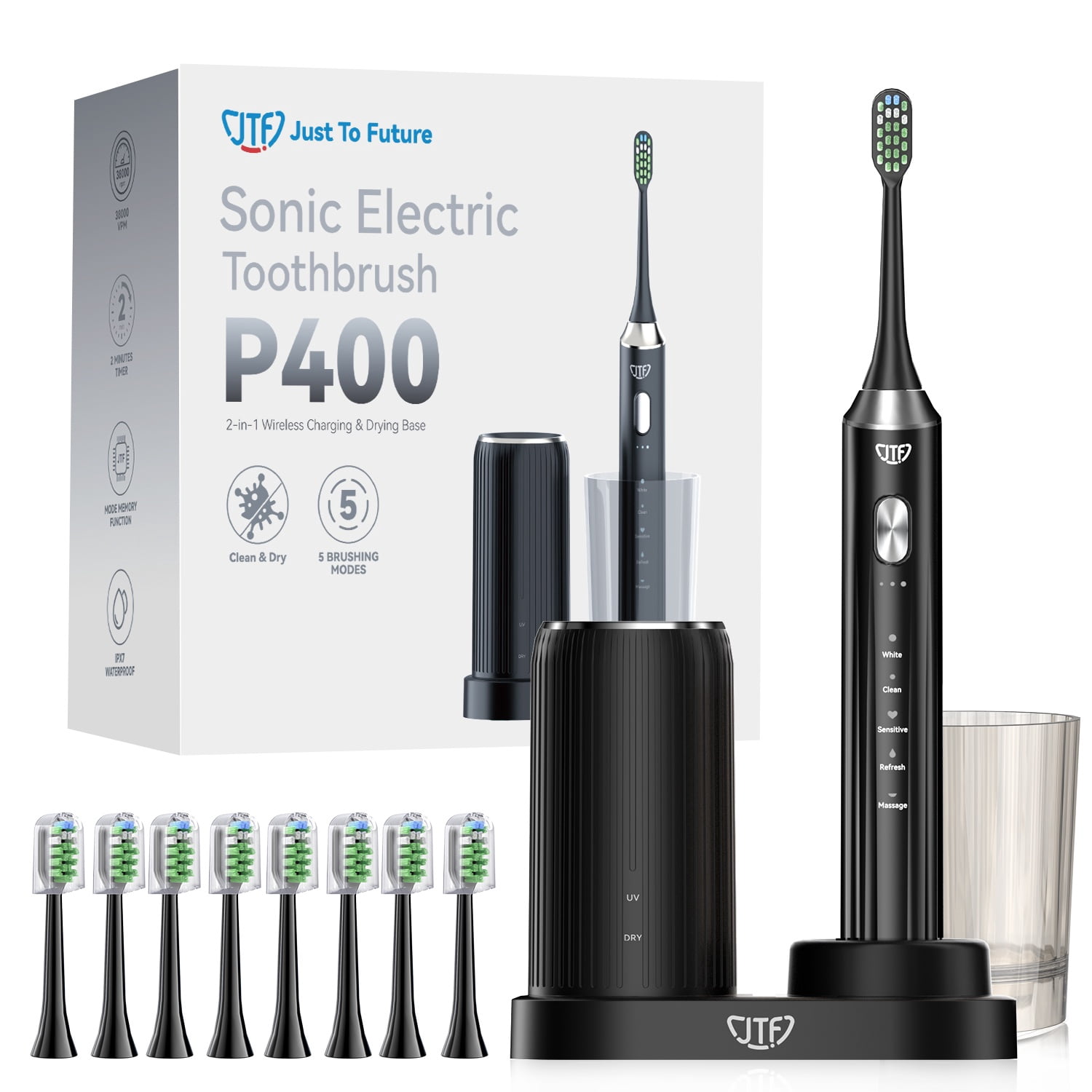 JTF Sonic Electric Toothbrush with UV & Drying: 5 Customized Modes for Effective Yet Gentle Cleaning –with 8 Brush Heads, Rinse Cup, Wireless Charging Base, Rechargeable for Daily Care, Home & Travel