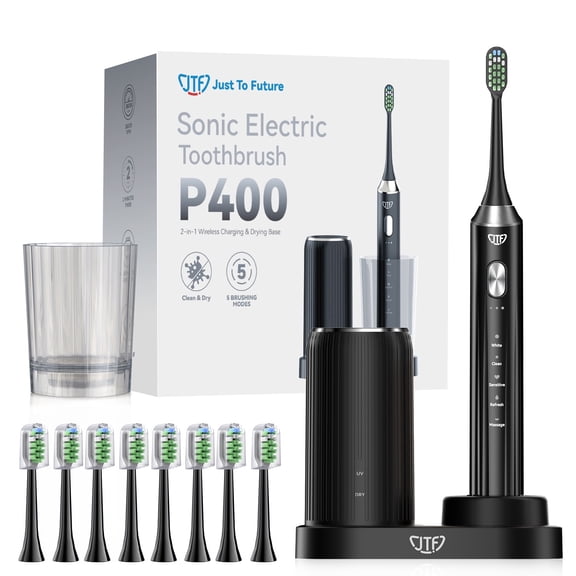 JTF Sonic Electric Toothbrush with UV & Drying: 5 Customized Modes for Effective Yet Gentle Cleaning –with 8 Brush Heads, Rinse Cup, Wireless Charging Base, Rechargeable for Daily Care, Home & Travel