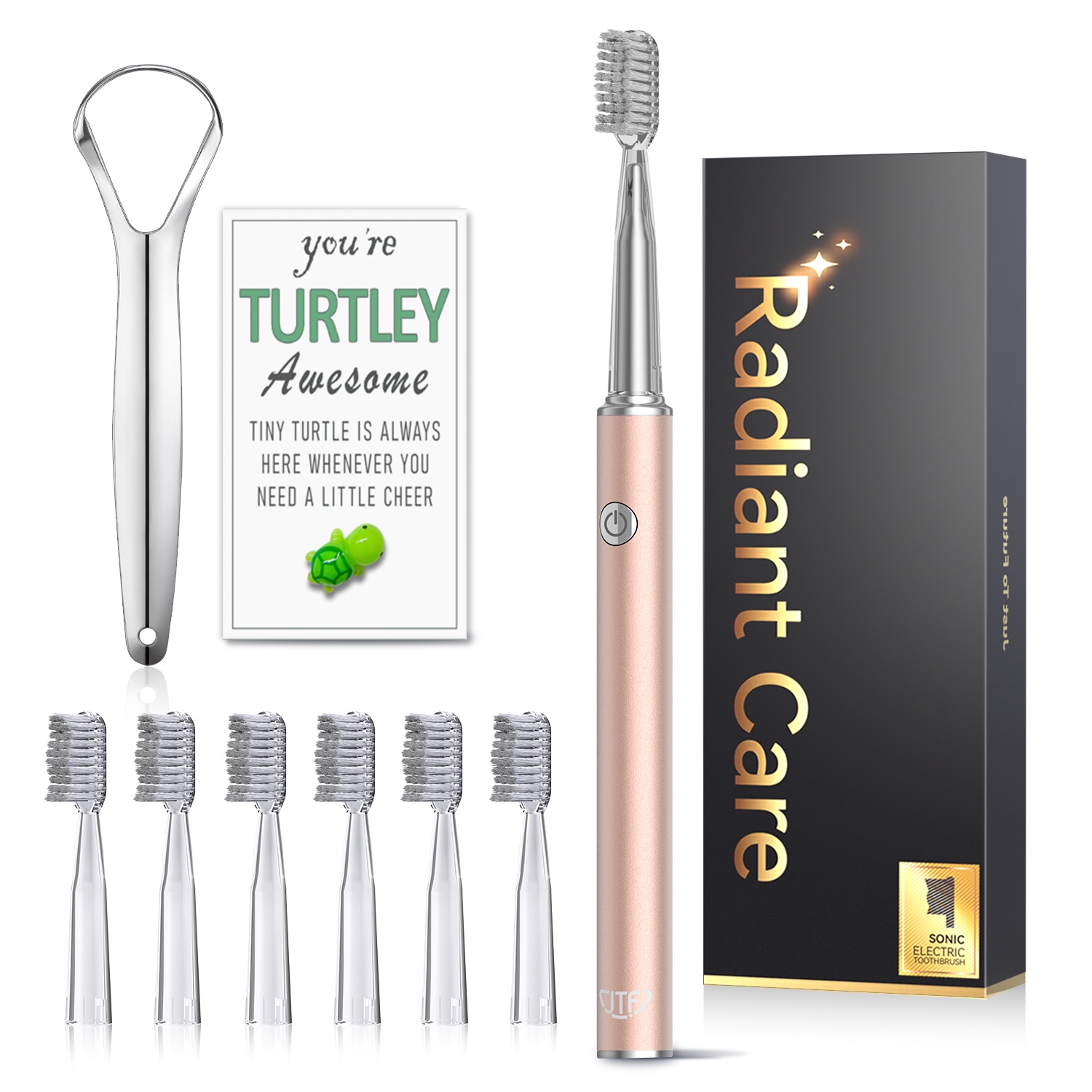 JTF Sonic Electric Toothbrush for Adults with 6 Brush Heads and Tongue Scraper, Radiant Care 3 Modes 45 Days Battery Life Rechargeable Power Toothbrush for Family and Friends & Home Trips, Gold