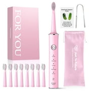 JTF Sonic Electric Toothbrush for Adults and Kids with 8 Brush Heads, Tongue Scraper and Travel Bag - FOR YOU 5 Modes Rechargeable Power Toothbrush for Family and Friends/For Home School Trips, Pink