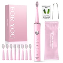 JTF Sonic Electric Toothbrush for Adults and Kids with 8 Brush Heads, Tongue Scraper and Travel Bag - FOR YOU 5 Modes Rechargeable Power Toothbrush for Family and Friends/For Home School Trips, Pink