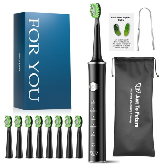 JTF Sonic Electric Toothbrush for Adults and Kids with 8 Brush Heads, Tongue Scraper and Travel Bag - FOR YOU 5 Modes Rechargeable Power Toothbrush for Family and Friends/For Home School Trips, Black