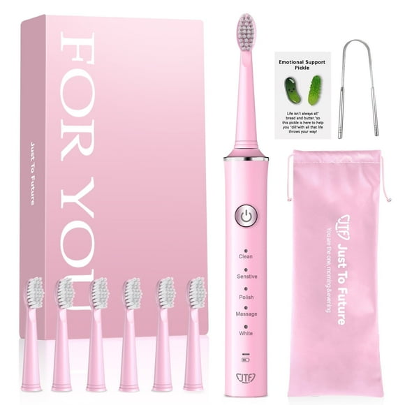JTF Sonic Electric Toothbrush for Adults and Kids with 6 Brush Heads, Tongue Scraper and Travel Bag - FOR YOU 5 Modes Rechargeable Power Toothbrush for Family and Friends/For Home School Trips, Pink