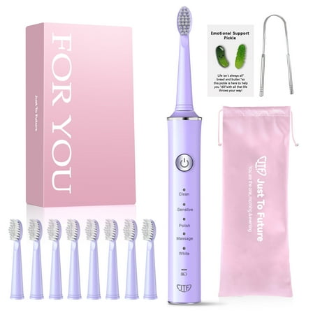 JTF Sonic Electric Toothbrush for Adults and Kids with 8 Brush Heads, Tongue Scraper and Travel Bag - FOR YOU 5 Modes Rechargeable Power Toothbrush for Family and Friends/For Home School Trips,Purple