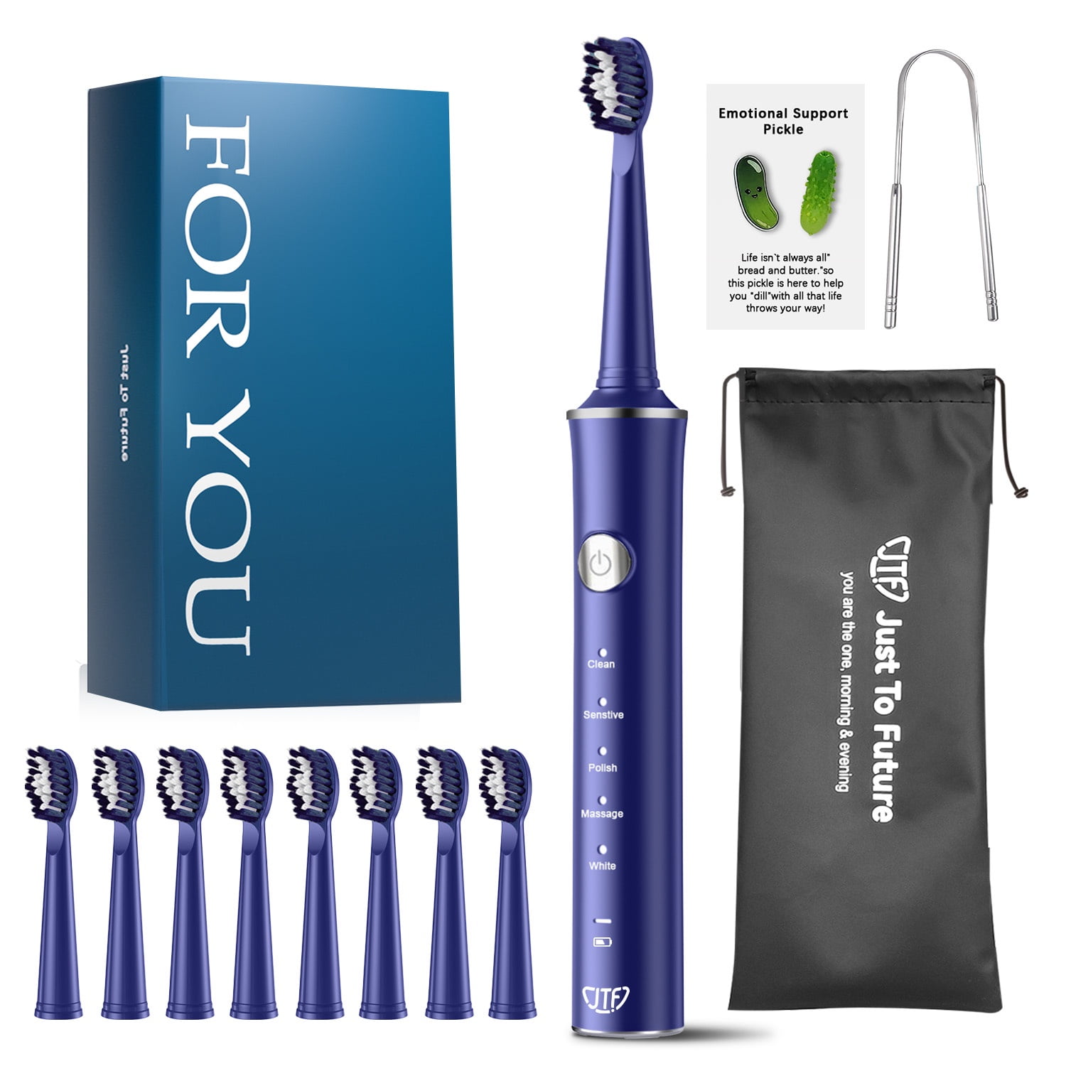 JTF Sonic Electric Toothbrush, 8 Brush Heads, Tongue Scraper