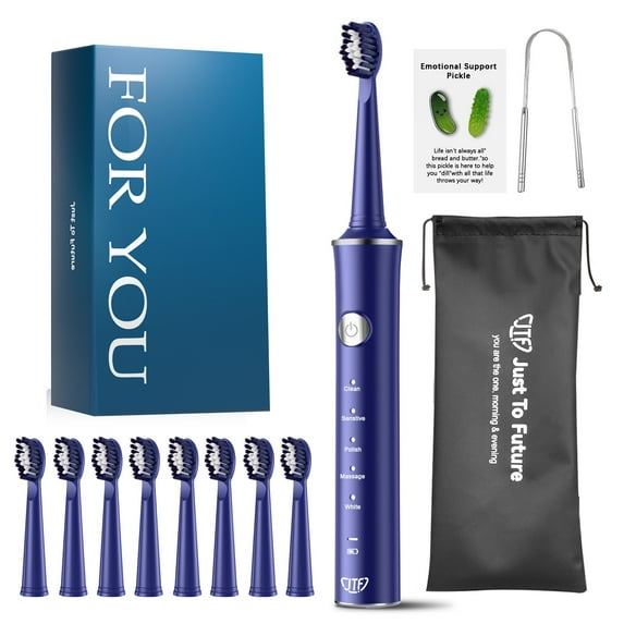 JTF Sonic Electric Toothbrush for Adults and Kids with 8 Brush Heads, Tongue Scraper and Travel Bag - FOR YOU 5 Modes Rechargeable Power Toothbrush for Family and Friends/For Home School Trips, Blue