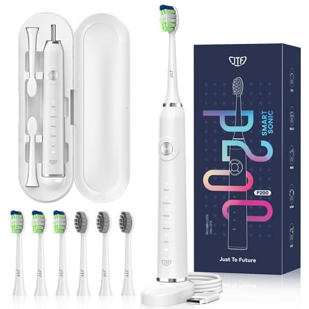 JTF Sonic Electric Toothbrush for Adults with Travel Case, 5 Modes and 6 Brush Heads, White
