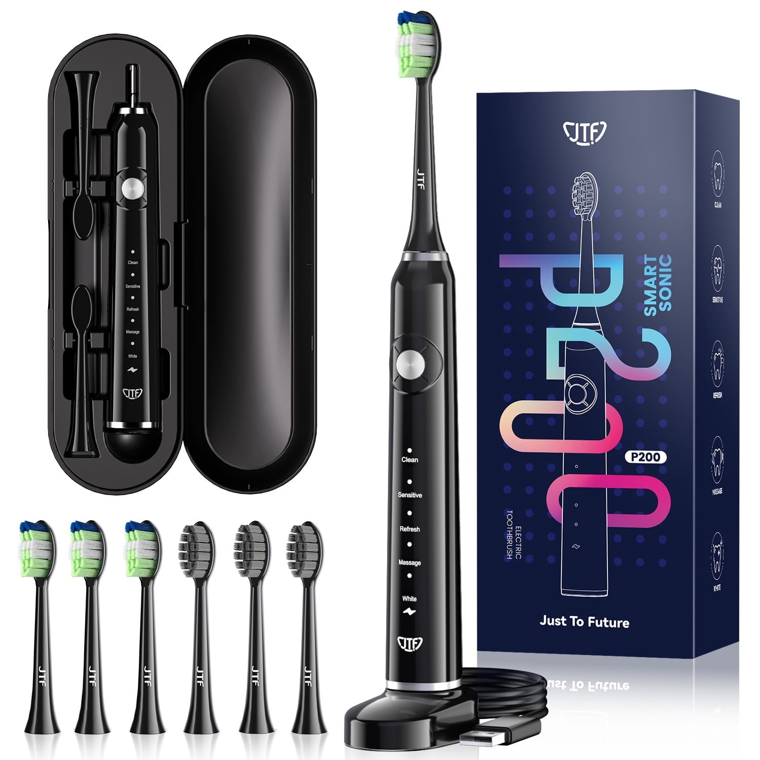 JTF Sonic Electric Toothbrush for Adults and Kids with Travel Case and 6 Brush Heads, 5 Modes 40000 VPM Rechargeable Power Toothbrush with Wireless Charger, IPX7 Waterproof 60-Day Battery Life, Black