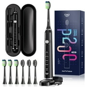 JTF Sonic Electric Toothbrush for Adults and Kids with Travel Case and 6 Brush Heads, 5 Modes 40000 VPM Rechargeable Power Toothbrush with Wireless Charger, IPX7 Waterproof 60-Day Battery Life, Black