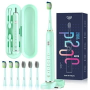 JTF Sonic Electric Toothbrush for Adults and Kids with Travel Case and 6 Brush Heads, 5 Modes 40000 VPM Rechargeable Power Toothbrush with Wireless Charger, IPX7 Waterproof 60-Day Battery Life, Green