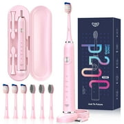 JTF Sonic Electric Toothbrush for Adults and Kids with Travel Case and 6 Brush Heads, 5 Modes 40000 VPM Rechargeable Power Toothbrush with Wireless Charger, IPX7 Waterproof 60-Day Battery Life, Pink