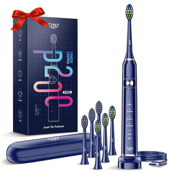 JTF Sonic Electric Toothbrush for Adults and Kids with Travel Case and 6 Brush Heads, 5 Modes 40000 VPM Rechargeable Power Toothbrush with Wireless Charger, IPX7 Waterproof 60-Day Battery Life, Blue