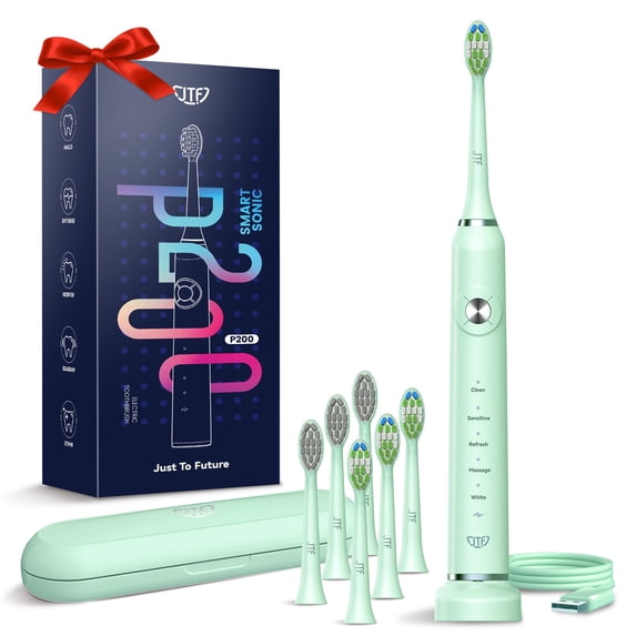 JTF Sonic Electric Toothbrush for Adults and Kids with Travel Case and 6 Brush Heads, 5 Modes 40000 VPM Rechargeable Power Toothbrush with Wireless Charger, IPX7 Waterproof 60-Day Battery Life, Green