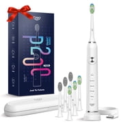 JTF Sonic Electric Toothbrush for Adults and Kids with Travel Case and 6 Brush Heads, 5 Modes 40000 VPM Rechargeable Power Toothbrush with Wireless Charger, IPX7 Waterproof 60-Day Battery Life, White
