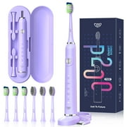 JTF Sonic Electric Toothbrush for Adults and Kids with Travel Case and 6 Brush Heads, 5 Modes 40000 VPM Rechargeable Power Toothbrush with Wireless Charger, IPX7 Waterproof 60-Day Battery Life,Purple