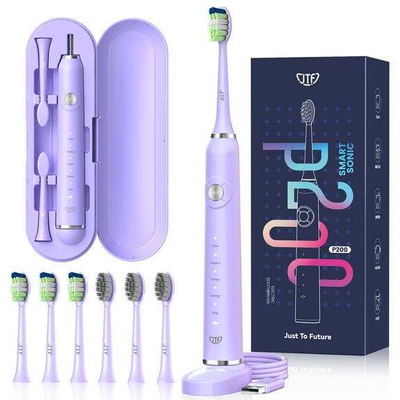 JTF Sonic Electric Toothbrush for Adults and Kids with Travel Case and 6 Brush Heads, 5 Modes 40000 VPM Rechargeable Power Toothbrush with Wireless Charger, IPX7 Waterproof 60-Day Battery Life,Purple