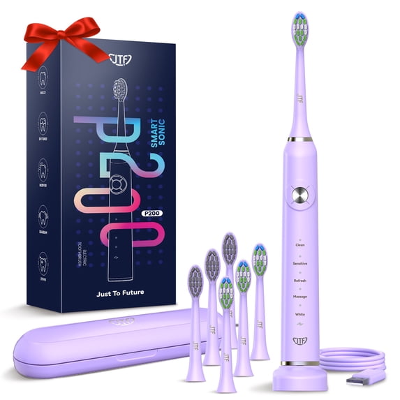 JTF Sonic Electric Toothbrush for Adults and Kids with Travel Case and 6 Brush Heads, 5 Modes 40000 VPM Rechargeable Power Toothbrush with Wireless Charger, IPX7 Waterproof 60-Day Battery Life,Purple