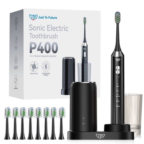 JTF Sonic Electric Toothbrush with UV & Drying: 5 Customized Modes for Effective Yet Gentle Cleaning –with 8 Brush Heads, Rinse Cup, Wireless Charging Base, Rechargeable for Daily Care, Home & Travel