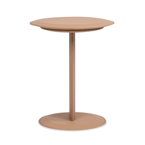 JTH LUXE Mode 18" Leatherette Round C-Shaped Sofa Side Table, Saddle Brown Faux Leather
