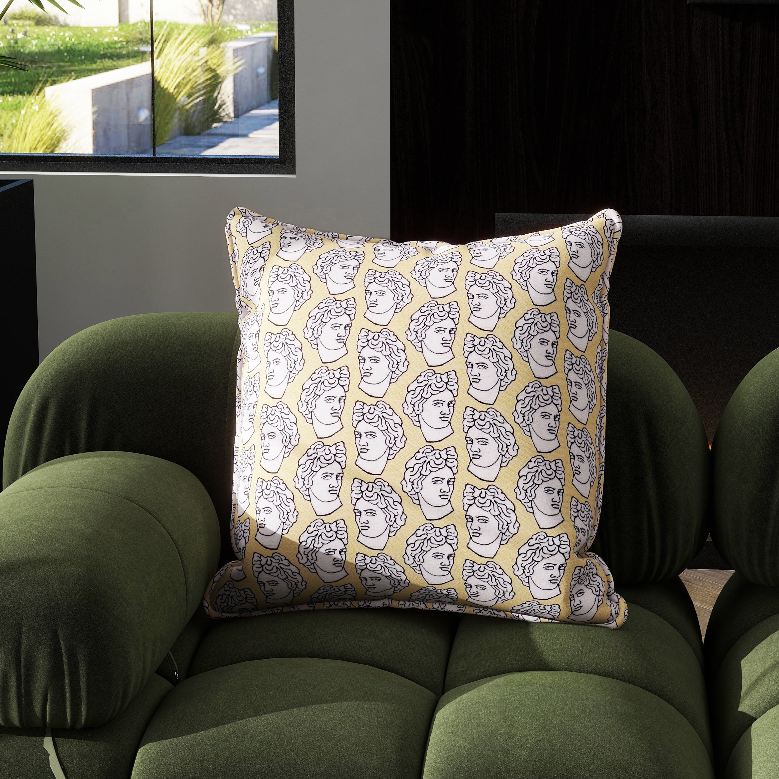 Apollo Bust Gold and Cream Embroidered Square Pillow