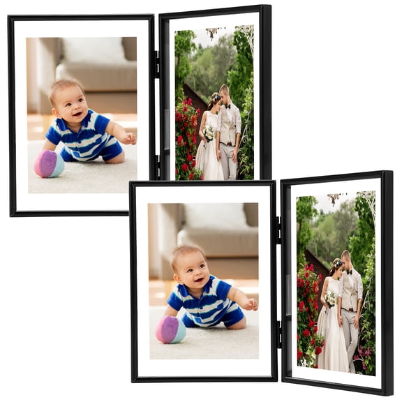 JTNero 2Pcs Double Picture Frame 7 x 5Inch Metal Hinged 4 Photos Frame Desk Picture Frame with Glass Folding Photo Frames Vertical Frame for Wedding Family Pictures Collage
