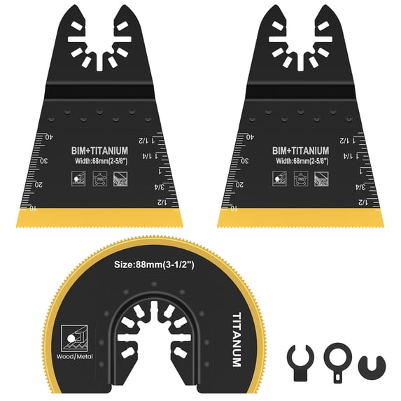 JTNero 3Pcs 68mm Titanium Bi-Metal Oscillating Saw Blade Durable Semi Circle Flush Cut Oscillating Multitool Blades with 3 Spacer Adapters for Wood