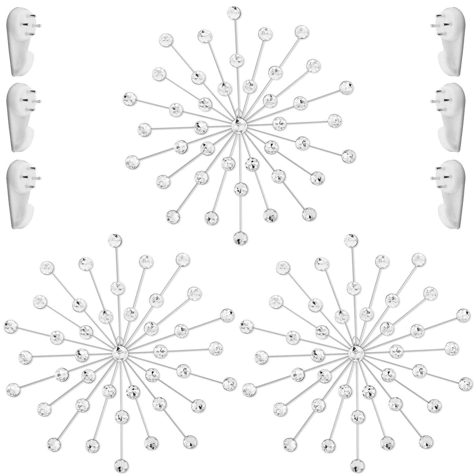 JTNero 3Pcs Silver Starburst Metal Wall Art Rhinestone Wall Hanging Diamond Accents Bling Crystal Home Decor for Living Room Bedroom Dining Room