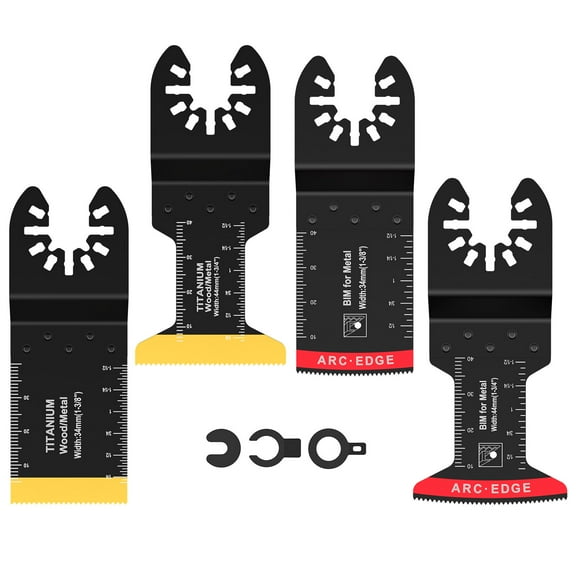 JTNero 4Pcs Titanium Bi-Metal Oscillating Saw Blade Multipurpose Arc Edge Oscillating Multitool Blades Precise Cutting Oscillating Tool Blades Set with 3 Spacer Adapters for Cutting Wood