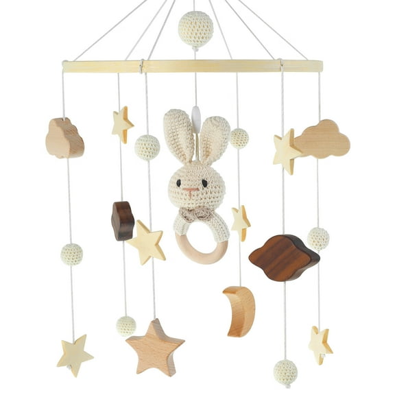 JTNero Baby Crib Mobile Wooden Hanging Baby Bed Bell Cute Rabbit Animals Wood Crocheted Mobile Newborn Toys Cot Bed Pendant Decoration for Infants Bedroom Nursery
