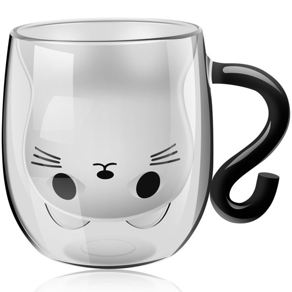 JTNero Cute Cat Mugs Double Vacuum Cute Tea Cups with Handle 250-300ml Glass Cat Coffee Mug Temperature Resistant Glass Water Mug for Cat Lovers Women