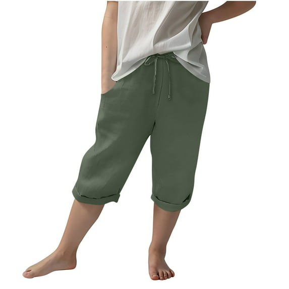 JTSRKL Bermuda Shorts for Girls Lightweight Casual Knee Length Cotton Linen Elastic Waist Drawstring Shorts Summer Capris Pants with Pockets Army Green 6-7 Years