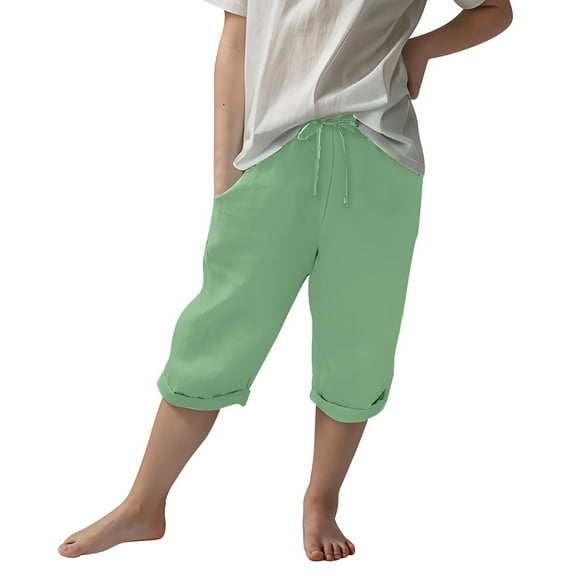 JTSRKL Bermuda Shorts for Girls Lightweight Casual Knee Length Cotton Linen Elastic Waist Drawstring Shorts Summer Capris Pants with Pockets Green 6-7 Years