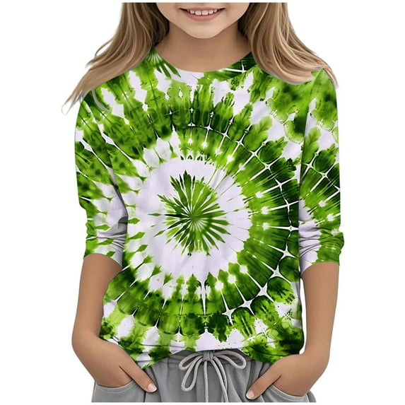 JTSRKL Bleached T-Shirts for Kids Girls Cute 3/4 Length Sleeve Tie Dye Gradient Color Print Basic Crewneck Pullover Tops Loose Fit Casual Tunic Blouse Green#01 5-6 Years