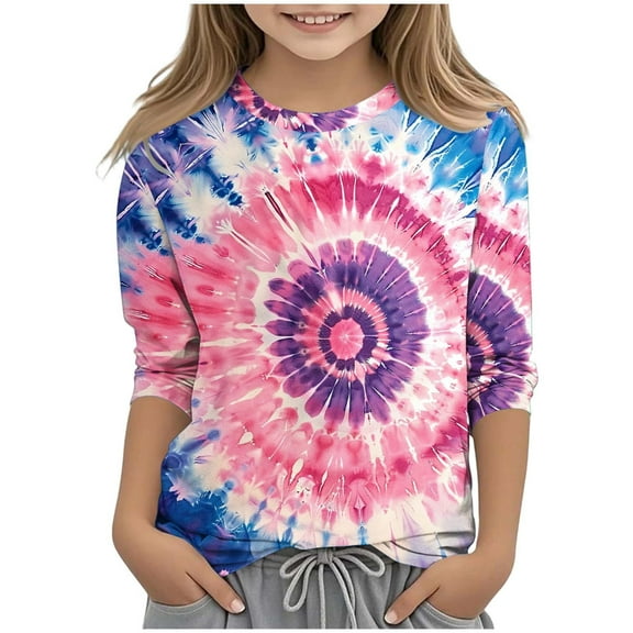 JTSRKL Bleached T-Shirts for Kids Girls Cute 3/4 Length Sleeve Tie Dye Gradient Color Print Basic Crewneck Pullover Tops Loose Fit Casual Tunic Blouse Purple 5-6 Years