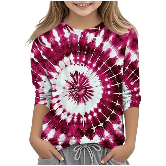 JTSRKL Bleached T-Shirts for Kids Girls Cute 3/4 Length Sleeve Tie Dye Gradient Color Print Basic Crewneck Pullover Tops Loose Fit Casual Tunic Blouse Red 4-5 Years