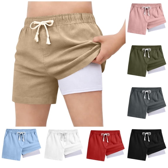 JTSRKL Boys 2 in 1 Beach Shorts Lightweight Summer Cotton Linen Elastic Waist Drawstring Board Shorts Kids Short Pant with Pockets White 14-15 Years