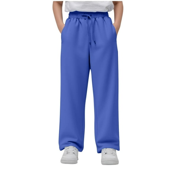 JTSRKL Boys Casual Pants Fleece Sweatpants Lightweight Open Bottom Lounge Pants Loose Drawstring Elastic Waist Jogger Pants with Pockets Blue 9-10 Years