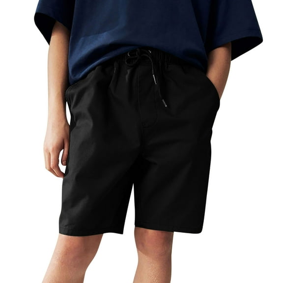JTSRKL Boys Cotton Shorts Loose Fit Summer Pull On Elastic Drawstring Casual Kids School Uniform Shorts Outfits with Pockets Black 13-14 Years