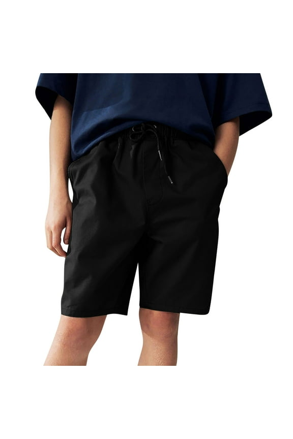 Boys Cotton Shorts Loose Fit Summer Pull On Elastic Drawstring Casual Kids School Uniform Shorts Outfits with Pockets Black 9-10 Years