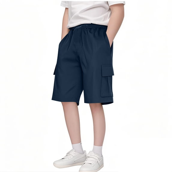 JTSRKL Boys Girls Cargo Shorts Loose Lightweight Casual Solid Drawstring Long Bermuda Shorts Knee Length Wide Leg Short Pants with Pockets Navy 3-4 Years
