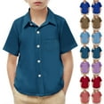 thumbnail image 1 of JTSRKL Boys Girls Hawaii Shirts Cool Summer Casual Solid Color Blouse Short Sleeve Button Down Collared Dress Shirt Tops with Pockets Purple 8-9 Years, 1 of 9