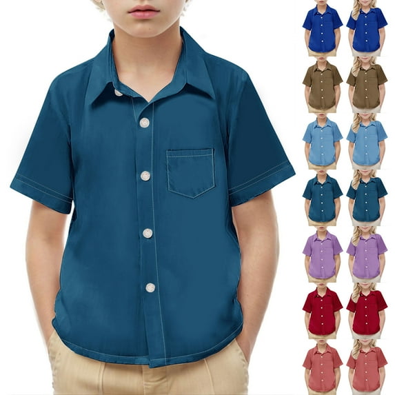 JTSRKL Boys Girls Hawaii Shirts Cool Summer Casual Solid Color Blouse Short Sleeve Button Down Collared Dress Shirt Tops with Pockets Brown 5-6 Years