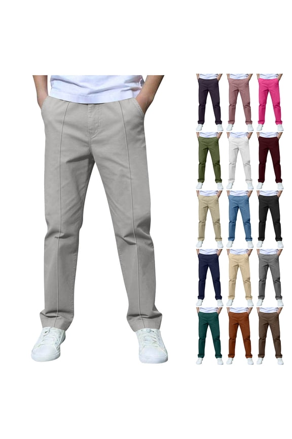 Boys School Pants Kids Casual Elastic Waist Pull On Youth Chinos Trousers Loose Straight Leg Pleated Tapered Pants with Pockets Navy 7-8 Years