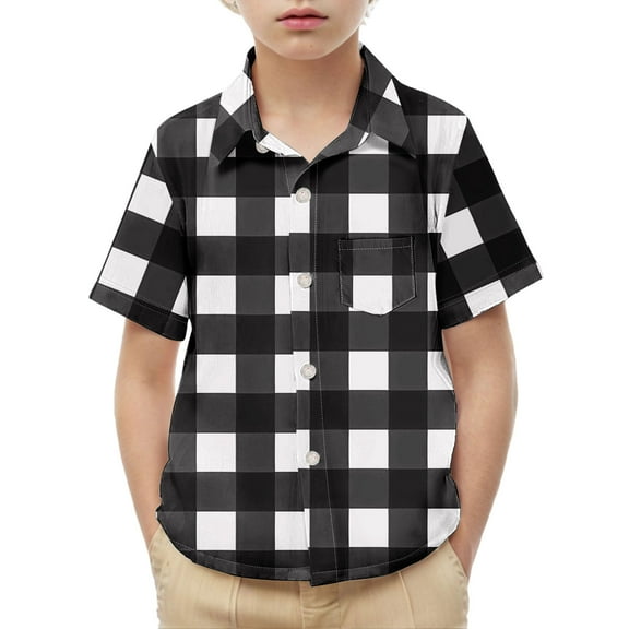 JTSRKL Boys Short Sleeve Plaid T-Shirts Loose Fit Casual Summer Button Down Shirts Lightweight Comfy Basic Cotton Tops with Pockets Black 10-11 Years